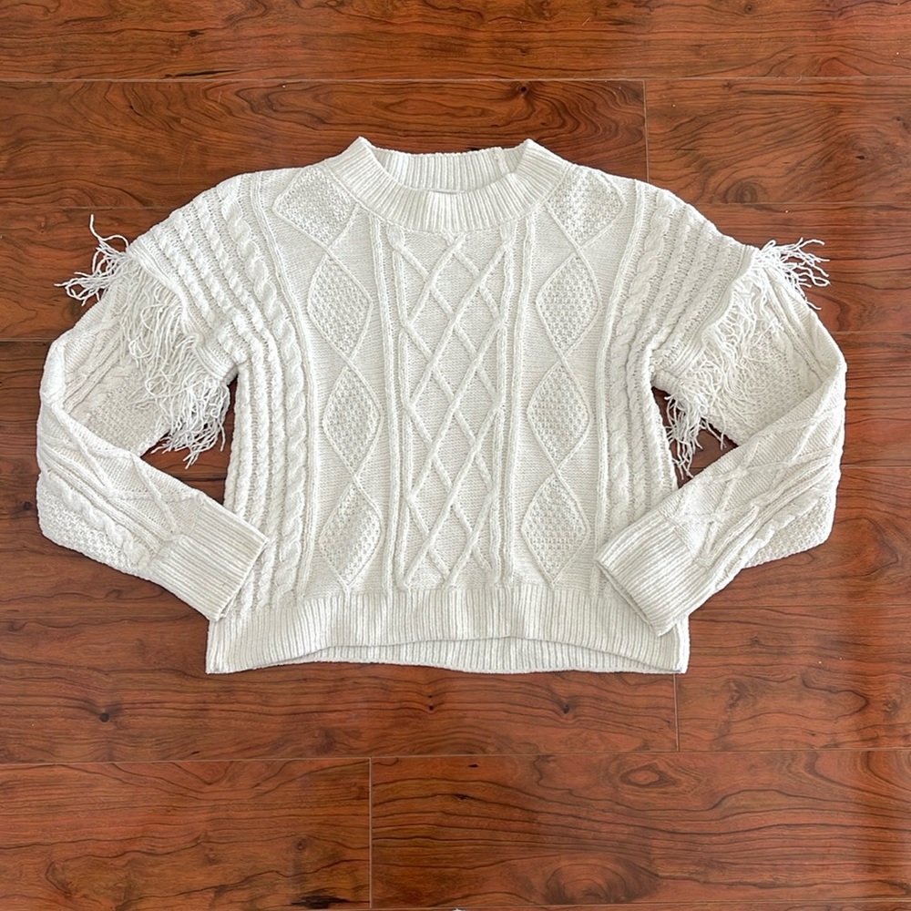 Pink Rose Cream Cable Knit Fringe Crewneck Sweater Top